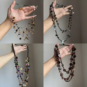 Irregular shell and glass beaded layered necklace, vintage casual style sweater chain, ethnic style niche accessory