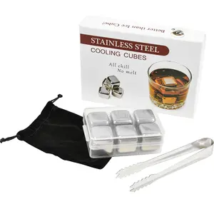 Whiskey Stones Set of 6 Stainless Steel Ice Cubes - Include an Thongs, Bags. Reusable Cooling Ice Cubes