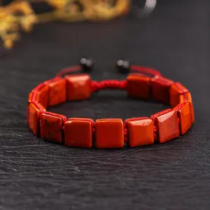 Red Jasper energy Bracelet Natural Stone Cube Beads Bracelet for Men Women Adjustable Arm Ring Jewelry