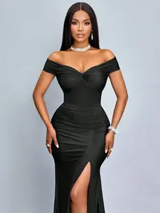 Suitable For Christmas Party Vacation & Dating Elegant Burgundy Elegant Twisted Off Shoulder Backless Strap High Slit Mermaid Dress With Metallic Sheen For New Year Clothes Maxi Women Outfit