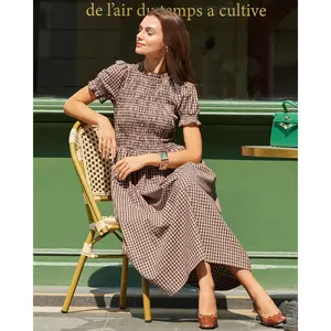 Coffee Plaid Shirred Puffed Sleeve Midi Dress