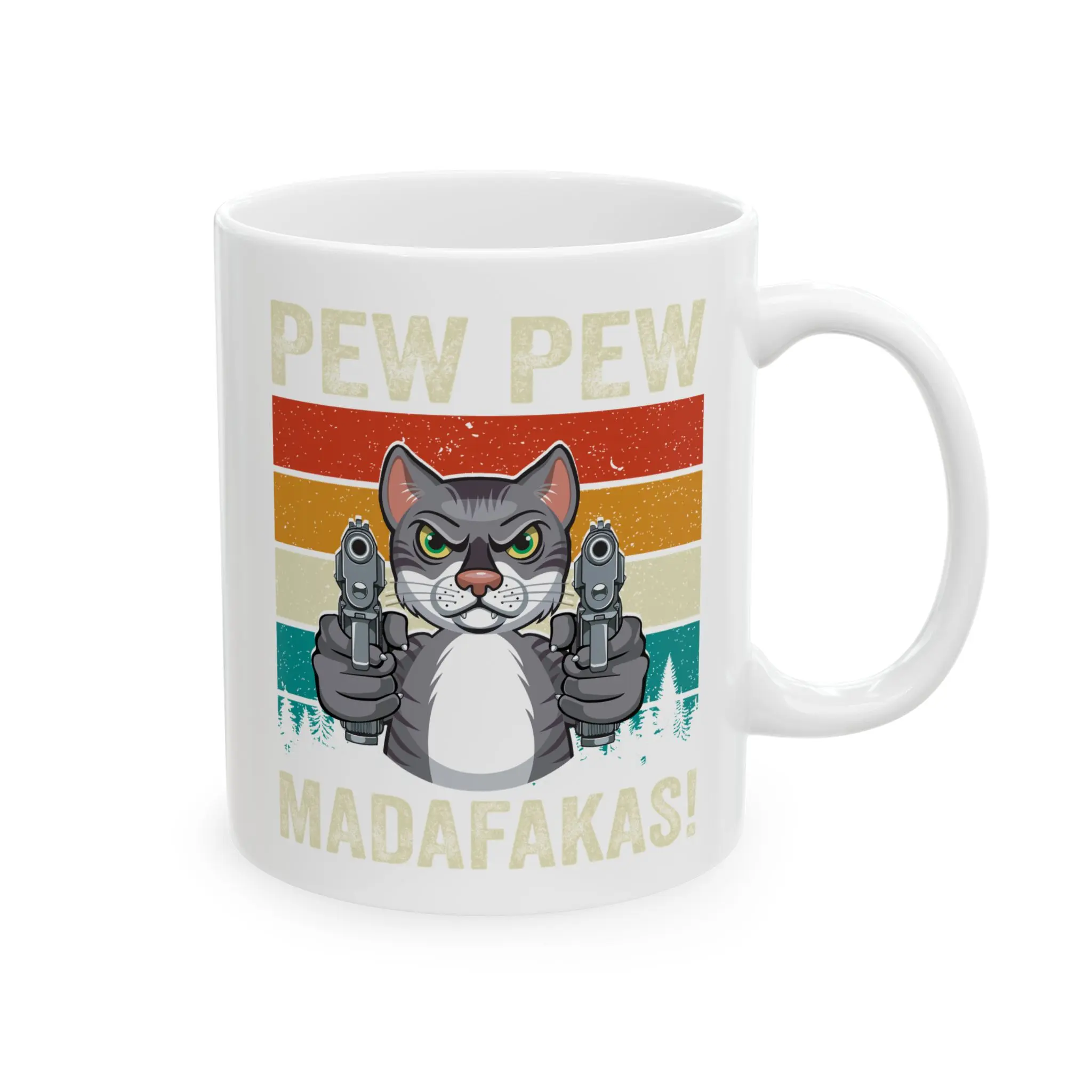 Pew Pew Cat Mug – Funny “Pew Pew Madafakas!” Retro Sunset Ceramic Coffee Cup – Hilarious Gift for Cat Lovers, Coworkers, or Gamers – Sarcastic Animal Humor for Birthdays, Office Laughs or Morning Mood Boosts