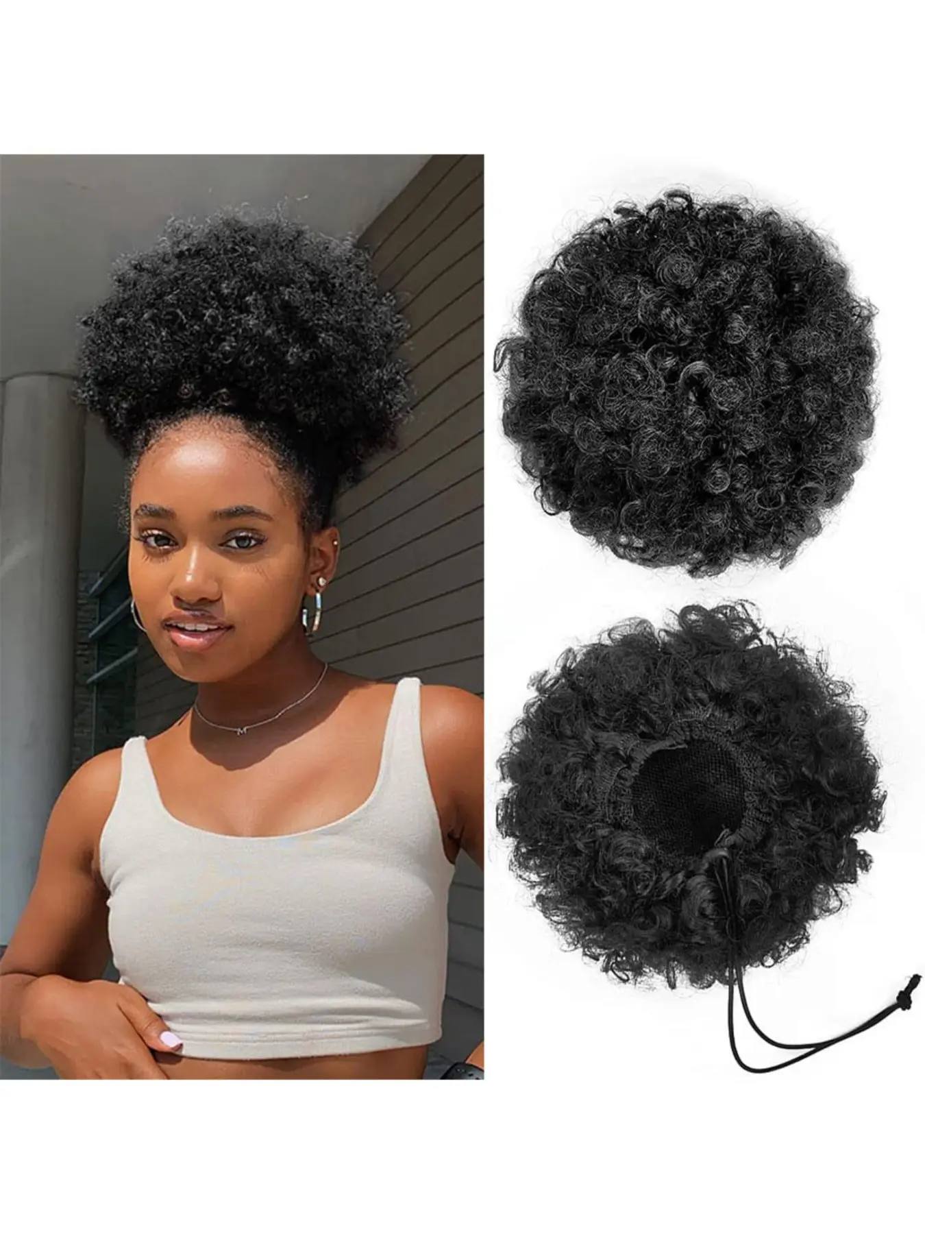Afro Puff Drawstring Ponytail Extensions Synthetic Curly For Black Women, High Puff Drawstring Short Ponytail Bun For Short Natural Hair, Afro Kinky Curly Ponytail Hairpieces With Clip In Color 1B