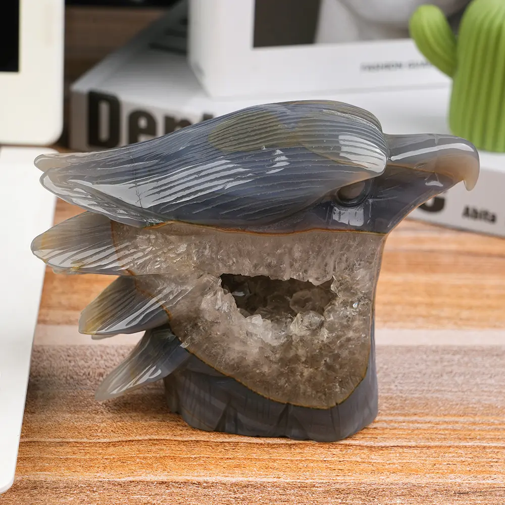 Grey Agate Carved Stone Druzy Eagle Head, Non-Natural Crystal Decoration for Jewelry Accessories & Derivatives