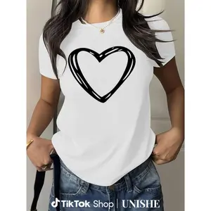 Women's Summer Tee with Heart Print – Casual Round Neck and Short Sleeves