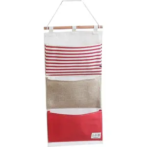 Fish Extender Hanger Linen  Fabric Wall Door  Organizer  Storage Bag 3 Pockets (Red)
