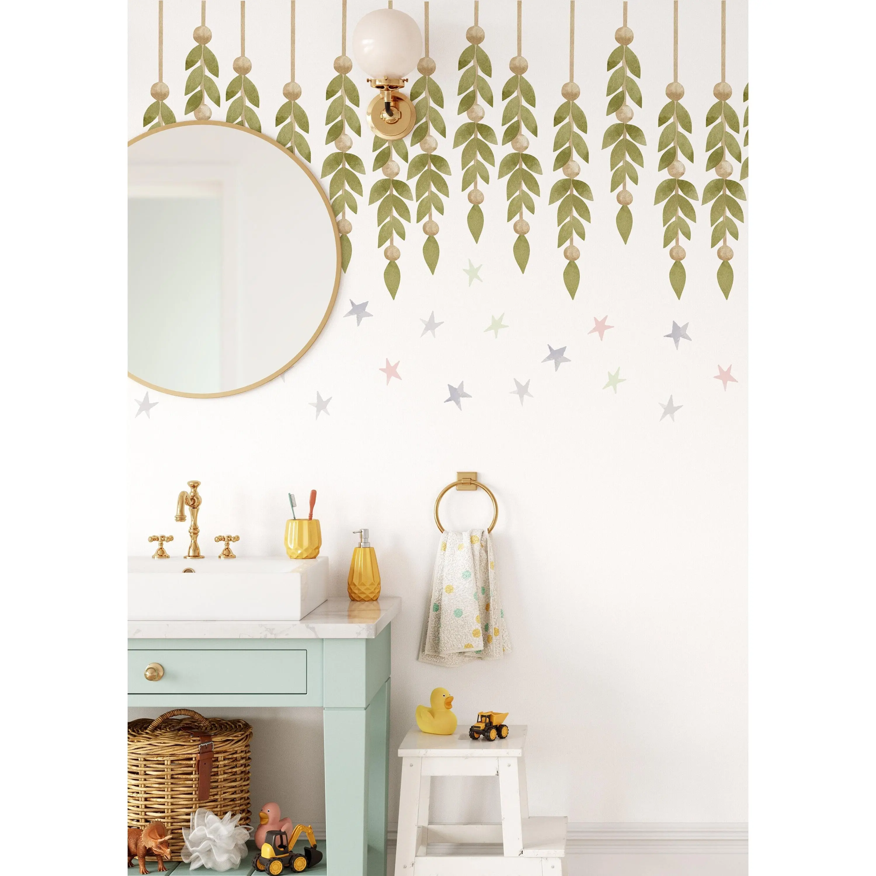 Greenery Wall Decals Watercolor hanging stems Sticker Green Boho Nursery Stars Leaves Room Decoration Large Leaf, LF500
