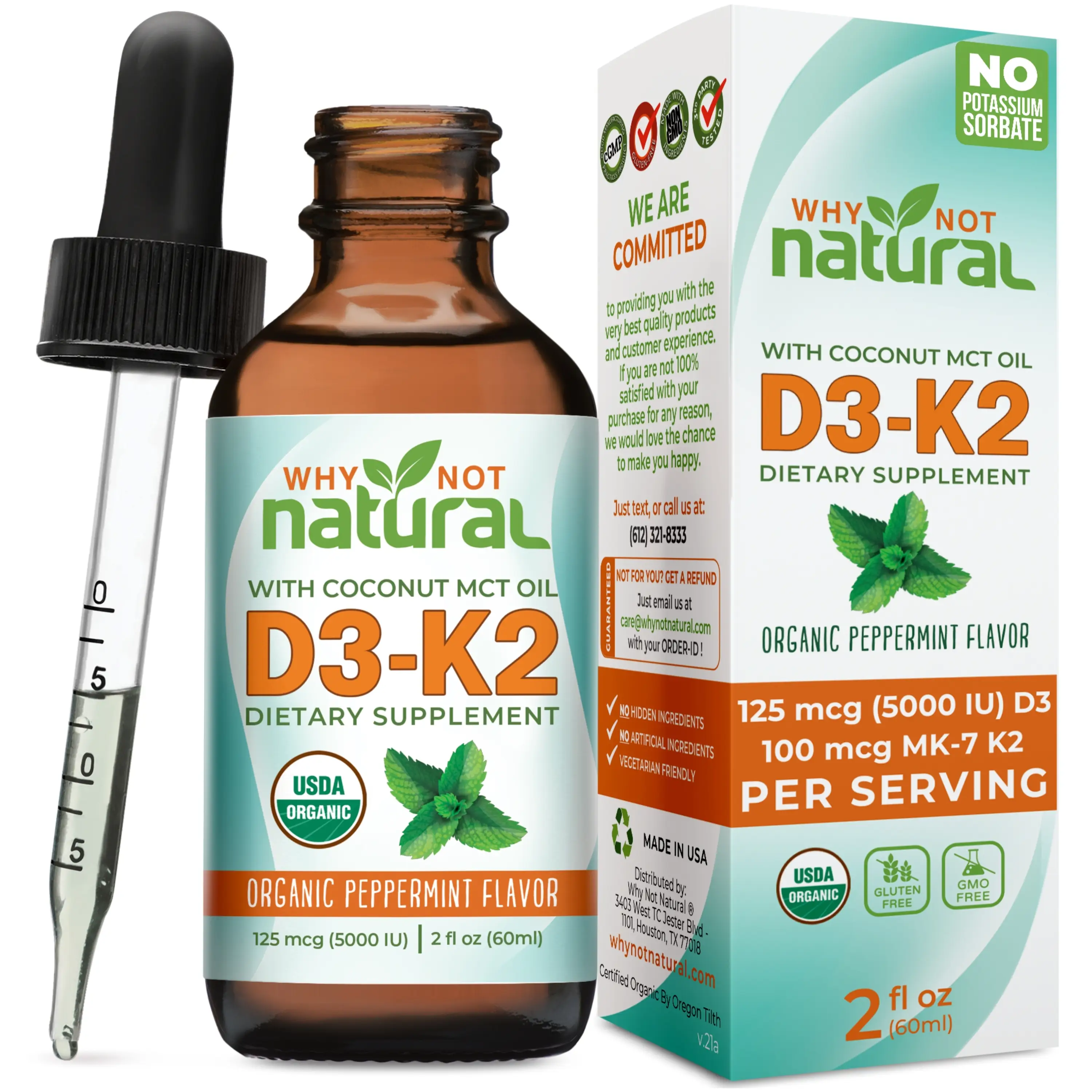 Organic Vitamin D3 Liquid Drops with K2 (MK-7) Sublingual Liquid (5000 IU) in Coconut MCT Oil Adult Child Gluten Free GMO Free Dairy Free - Main Edibl