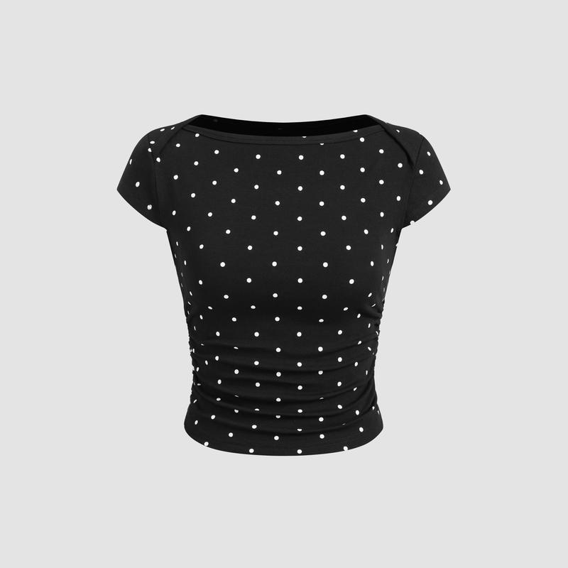 Cider Cotton-blend Boat Neck Polka Dot Ruched Tee & Mini Skort Cider Cotton-blend Boat Neck Polka Dot Ruched Tee & Mini Skort