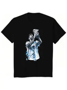 Messi World Cup Trophy Memorial T-Shirt, Unisex Fan Tee, Soft Fabric, Casual Fit, Perfect for Match Day, Asymmetrical Design