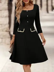 Women's A-Line Button Decorated Square Neck Short Sleeve Career Dress, Elegant Office Wear, Formal Wear, Summer Fashion, Perfect for Work