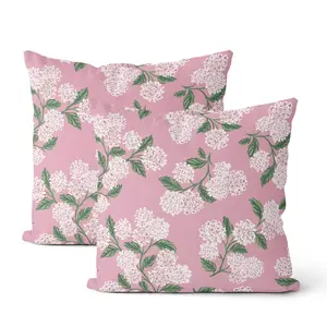 2 Pieces Pink Pillow Cover, Preppy Style Pink and Green Hydrangea Decorative Pillow, Retro Floral Design, Outdoor Decorative Pillow Cover Suitable for Spring and Summer, Linen Polyester Cushion Cover for Sofas and Daybeds