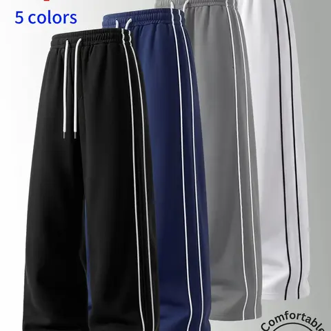 Men's Sports Pants,Solid Color Drawstring Waist Loose Fit Stripes Design,Classic Fashion Athleisure Style unisex Trousers,For Spring/summer/Autumn/Winter,Daily Wear,outdoors,School,Going Out,Casual Menswear,Please place an order according to size chart