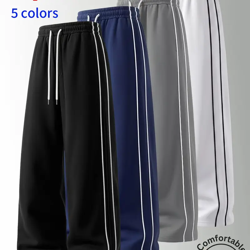 Men's Sports Pants,Solid Color Drawstring Waist Loose Fit Stripes Design,Classic Fashion Athleisure Style unisex Trousers,For Spring/summer/Autumn/Winter,Daily Wear,outdoors,School,Going Out,Casual Menswear,Please place an order according to size chart