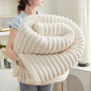 Faux Fur Throw Blanket Soft Cozy 3D Striped Fluffy Thick Warm Plush Fuzzy Faux Rabbit Fur for Couch Women Gift