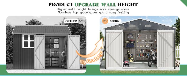 【Ships in 3 Boxes】AMERLIFE Galvanized Steel Storage Shed with 2 4-Pane Windows Hinged Double Doors, Outdoor Shed for Backyard, Garden, Patio, Dark Grey/White- Ships in 3/4 Boxes