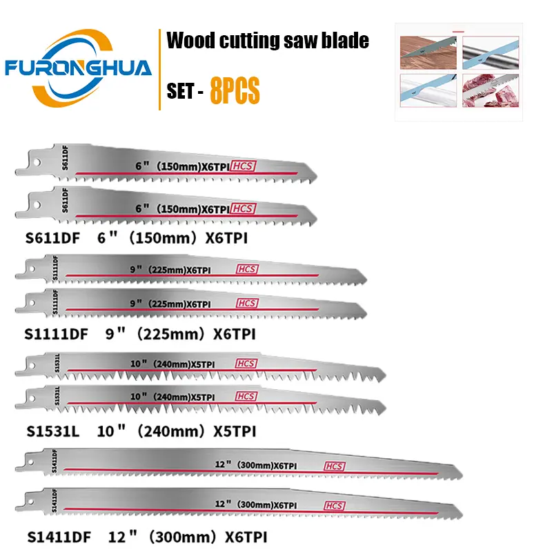 8PCS Reciprocating Saw Blades Set S611/S1111/S1531/S1411 Wood Metal Plastic Cutting Heavy Duty High Speed Steel Multi-Purpose Saber Saw Blades Kit Industrial Tool