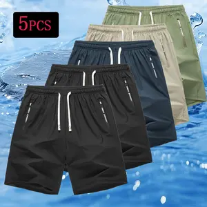 Pack of 5 men’s solid-color drawstring shorts with pockets; men’s clothing; athletic casual shorts with an elastic waistband and pockets; breathable summer men’s sports bottoms