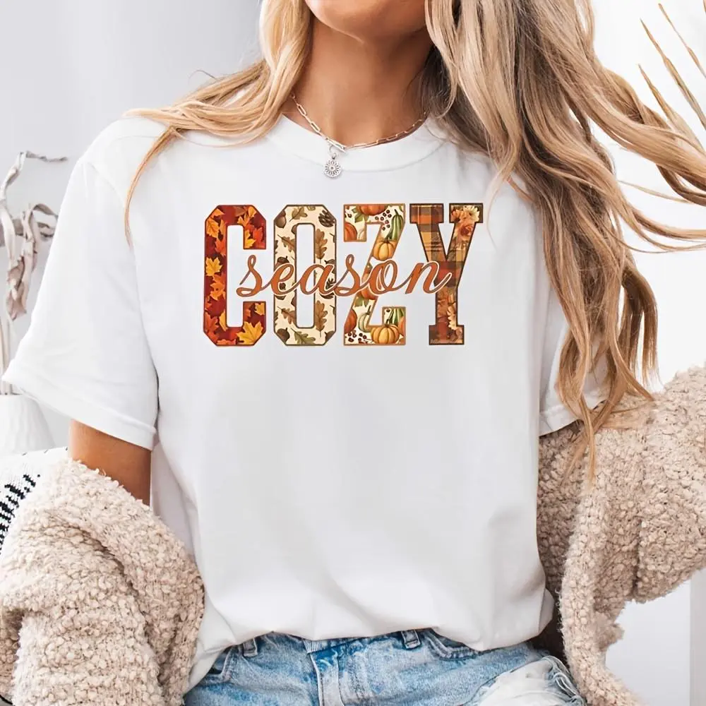 Cozy Season Autumn Leaves Pumpkin Print, Neck Drop Shoulder T-Shirt, Fall Thanksgiving Holiday Theme, Casual Daily Wear