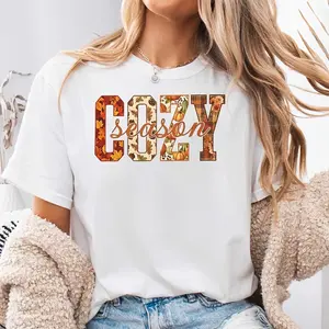 Cozy Season Autumn Leaves Pumpkin Print, Neck Drop Shoulder T-Shirt, Fall Thanksgiving Holiday Theme, Casual Daily Wear