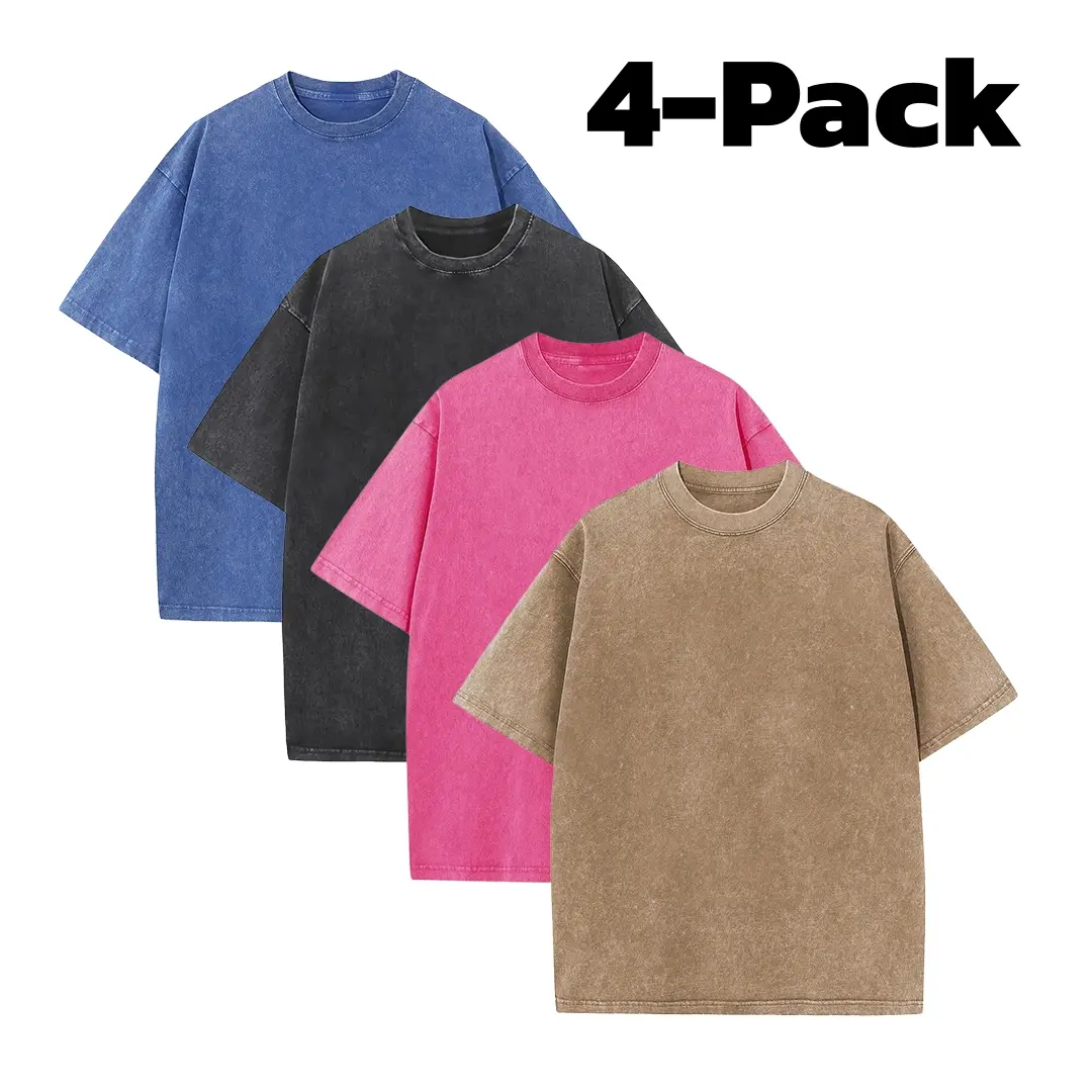4-Pack Unisex 100% Cotton Vintage Wash T-Shirts, Essential Crewneck Tees for Streetwear, Travel, Music Festivals & Everyday Basics, Soft Pre-Shrunk Wardrobe Bundle