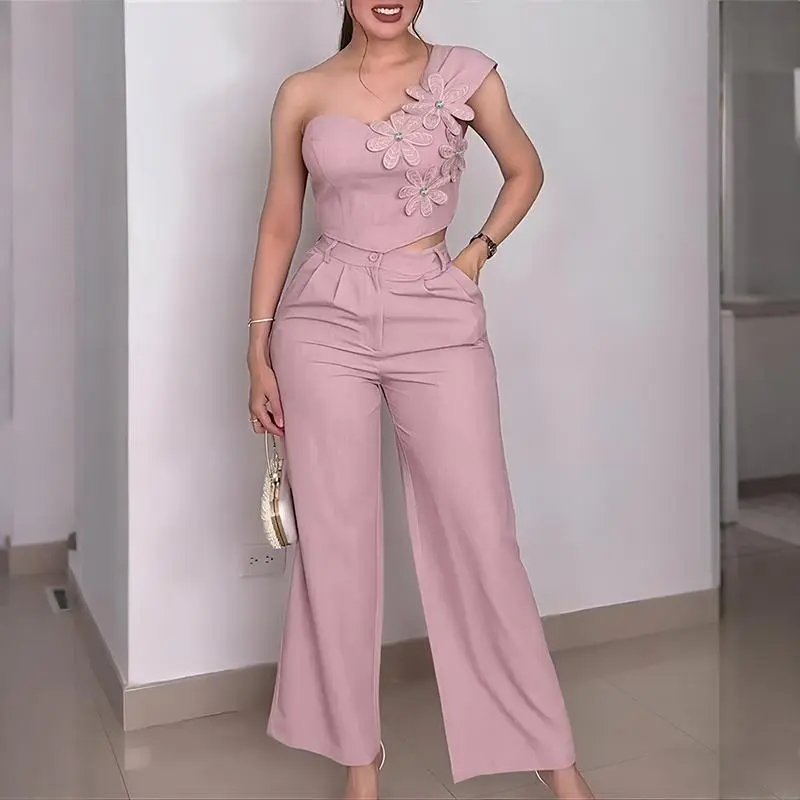 CHICME Women's 2 Piece Summer Set – 3D Floral Applique One Shoulder Crop Top & High Waist Wide Leg Pants for Wedding & Garden Parties Casual Elegant Womenswear, 2 Piece Sets Women, Clothes For Women Wideleg Outfit