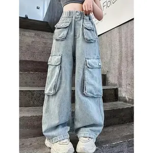 Lightweight Design |    Girls' Rock-Themed Light Wash Denim Cargo  with Flap Pockets - 100% Polyester, Non-Stretch, Machine Washable - Casual Style for Spring vibrant pants boyfriend jeans girls Cute Summer Basic Shorts Set two-piece toddler girls