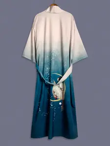 Women's Ethnic Style Gradient Star Print Kimono Jacket, Long Sleeve Loose Fit Outerwear, Casual Beach Vacation Robe with Waist Belt