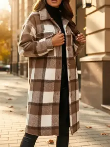 Women's Plaid Long Jacket Casual Soft Fitted Winter Coat, Colorblock Lapel Button Design, Comfortable Fall & Winter Fashion Button Front Outerwear