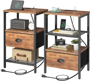 Nightstands Set of 2, Night Stands with  Station and Fabric Drawer, Bedside Tables with Storage, 2- Tier Side Table with Open Shelf, Nightstands with  Station,Rustic Brown