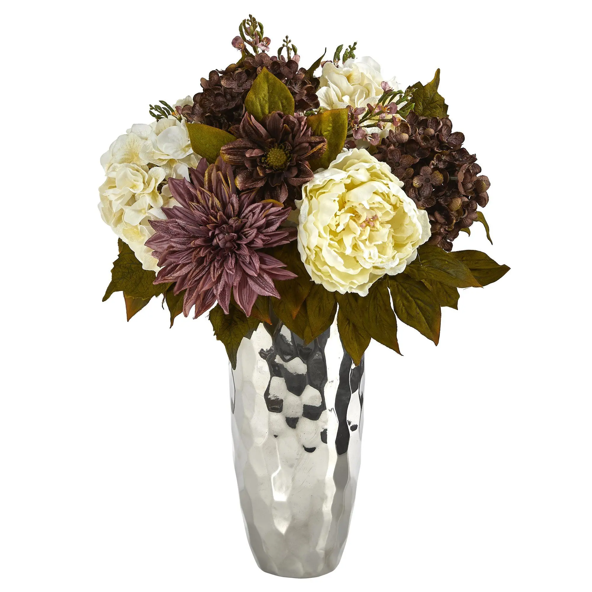 22-in Faux Eternal Flower Bouquet - Peonies, Hydrangea, Dahlia Arrangement in Silver Vase for Home Decor with Natural Look & Everlasting Beauty, Decorative
