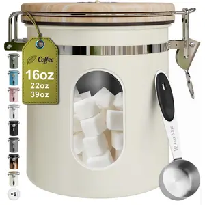 Coffee Sugar Canister with Window, Airtight Stainless Steel Kitchen  Storage Container with , Date  and Scoop for Grounds Coffee, Beans, , Flour, Cereal Jars, 16OZ, Cream