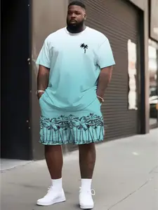 Men's Plus Size Gradient Tropical Coconut Tree Print T-Shirt and Shorts Set, Polyester Fiber, Summer Sports, Party, Travel Gift
