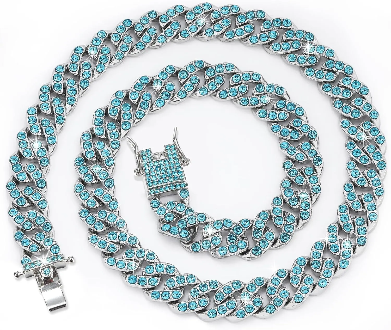 Glitter Dog Chain Collar Teal Diamond Dog Collars Lake Blue Cuban Dog Chains Necklace Turquoise Pet Metal Link Chain with Buckle Pet Jewelry Accessories Chain for Boy Girl Medium Big Dogs Cat