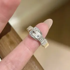 Vintage Belt Buckle  Ring for Women, Adjustable Faux Diamond Silver Plated Couple Ring, TikTok Trending Fashion Jewelry Gift