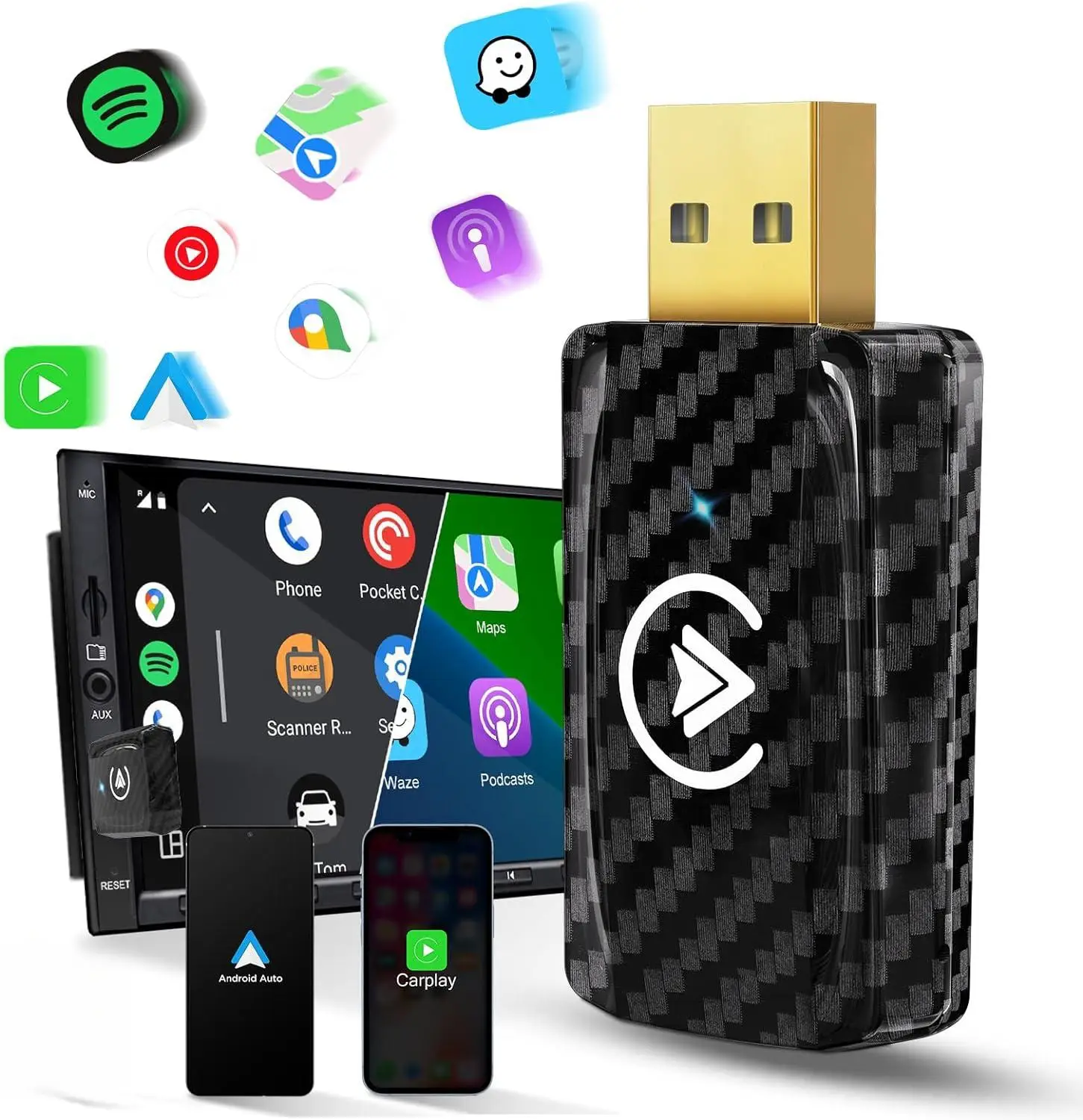 Mini Wireless Apple CarPlay Adapter, for both Apple and Android, 2 in 1, small wireless carplay adapter, converts wired to wireless, suitable for fact