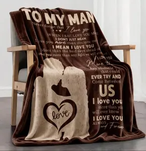 TO MY MAN Letter & Character Pattern Blanket, 1/2 Counts Soft Warm Throw Blanket, Air-conditioned Room Blanket,Valentine’s Day Warm Nap Blanket for Home Office Travel