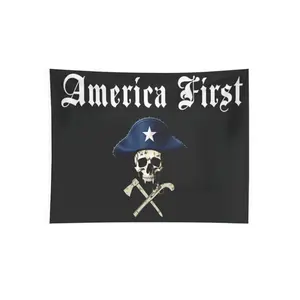 AMERICA FIRST PATRIOT Flag Wall Tapestry Black America First Pirate Skull And Crossbones With Blue Hat And Star Print For Living Room Bedroom Decor