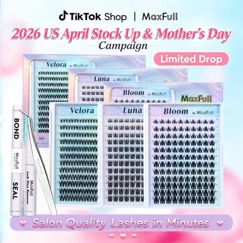 MaxFull Luna, Velora & Bloom Cosmetic Lash Cluster Bundle - D Curl, 0.03 mm Cloud-Soft Band, Brown-Black Fibers, All-Day Comfort, 3D Nature-Inspired Volume, Beginner-Friendly DIY Gentle Lashes for Adults (Limited-Time Launch Sale)