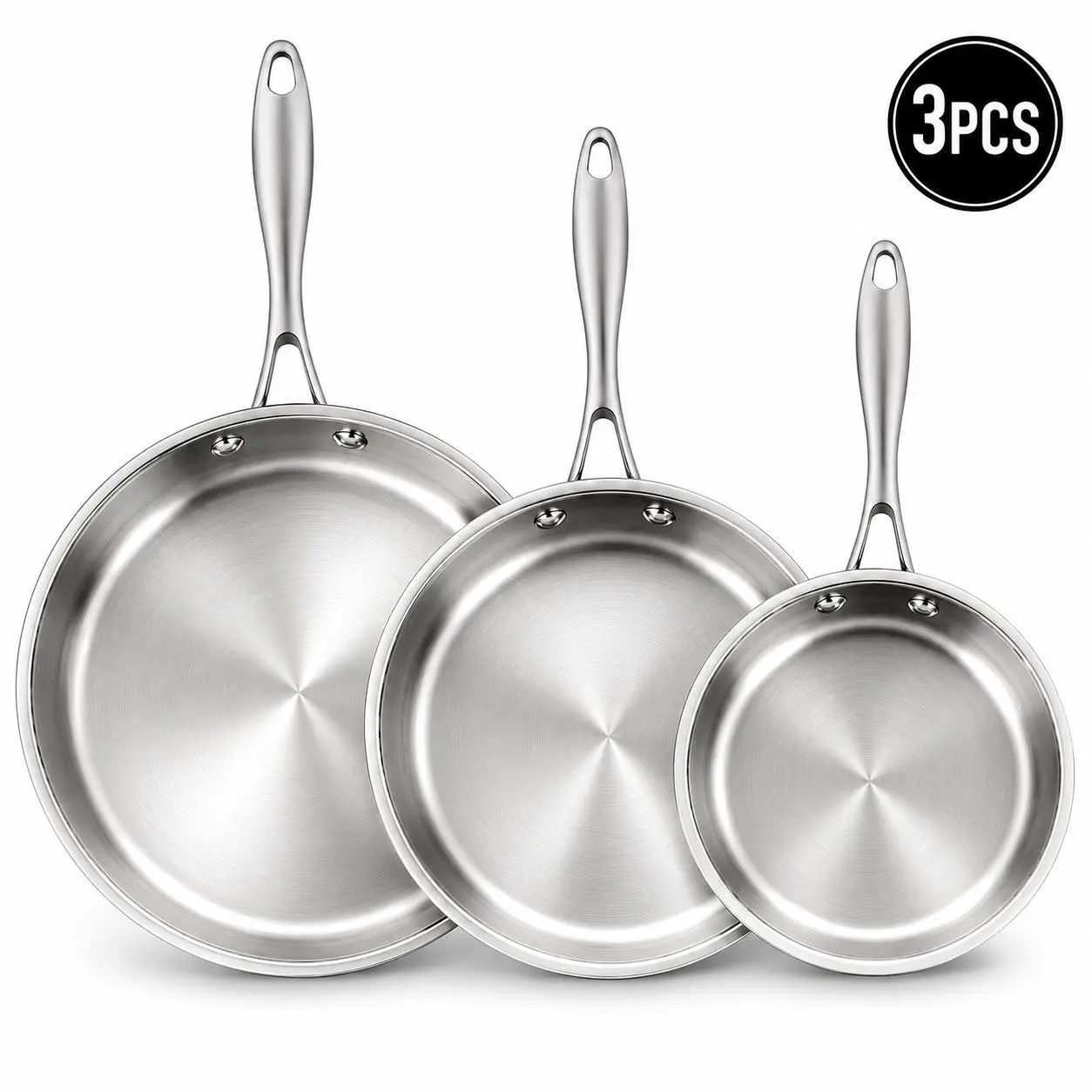 【Summer Sale】3PCS Stainless Steel Frying Pan Skillet Set - Durable Cookware with Heavy-Duty Construction, Fast Even Heating, Dishwasher & Oven Safe, Compatible with Gas & Induction Stoves, Ideal for Everyday Cooking & Thoughtful Gift