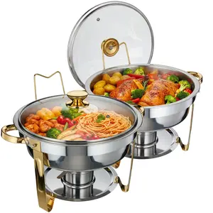 Superior Buffet Food Warmer Chafing Dish Set – 2-Pack 5L Round Gold Stainless Steel with Glass Lids – Rust-Resistant, Easy to Clean, Large Capacity, Includes Fuel Holders – Ideal for Catering, Dessert, Five-Quart