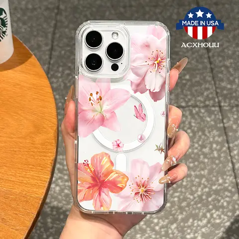 Magnetic Soft Magsafe-Compatible Transparent Smartphone Cover, Pink Flowers Aesthetic Pattern Cute Protector Accessories for iPhone 11/12/13/14/15/16 & Pro Max