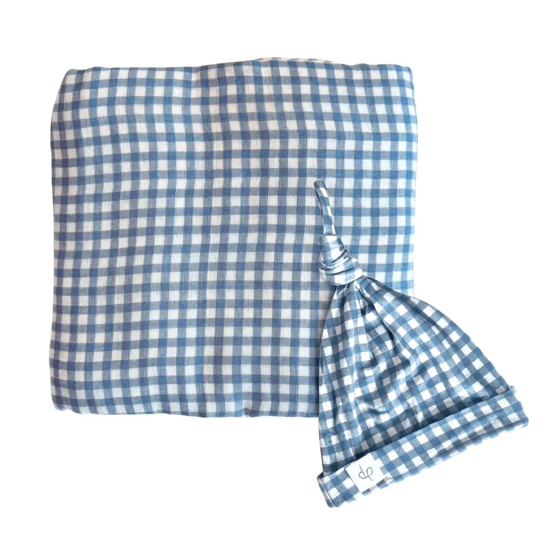 Bamboo Muslin Swaddle Blanket & Topknot Set - Micro Gingham Navy