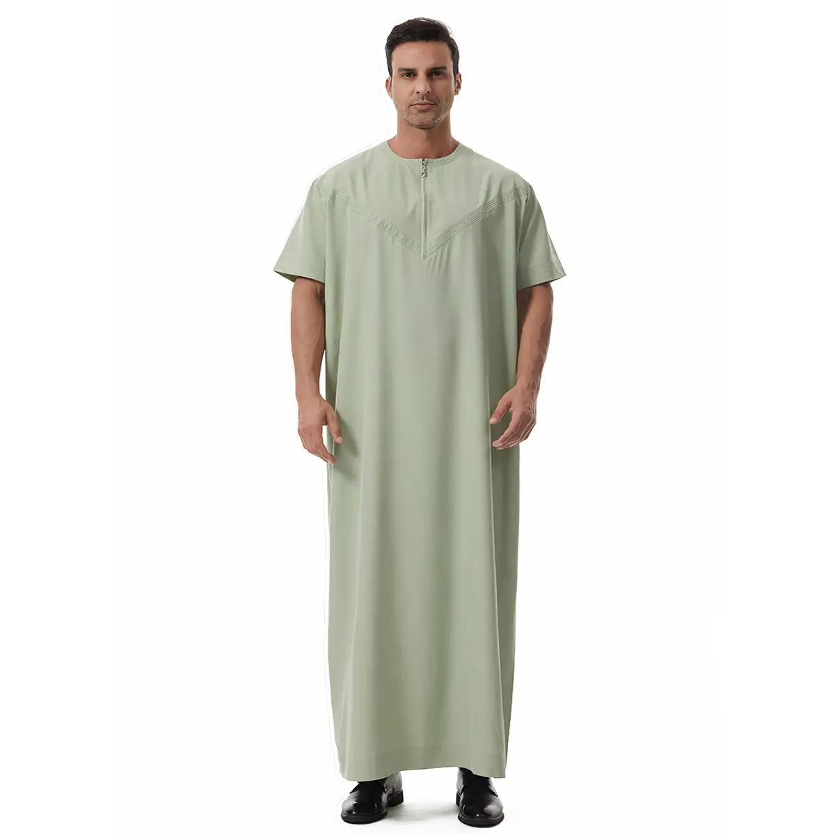 Solid-Color Robe with Stitched Pockets & Zipper - Loose, Casual & Breathable Short-Sleeve Robe, Suitable Stylish Muslim Men's Clothing for eid shoppin