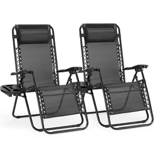 【Deal】Outdoor Zero Gravity Chairs, Set of 2 Portable Recliner Beach Camping Patio Outdoor Folding Lounge Chair with Cup Holder Trays and Adjustable Pillow
