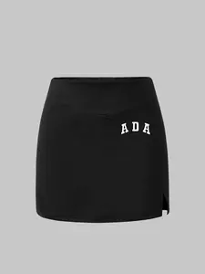Sexy Business Style Ada Letter Print Slim Fit Women Short Skirt, Wine, Elastic Waist, Office Wear, All Seasons