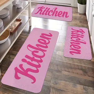 3 Set Kitchen Mat, Lovely Pink Kitchen Rug, Floor Mat, Vintage Country Style R, Farmhouse Kitchen Mat, Flannel Material Soft, Comfortable And Easy to Clean, Suitable for Bedroom Living Room Dining Room Kitchen Bathroom Entrance Laundry Room Mat