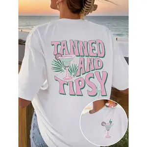 Womens Drop Shoulder Graphic Tee - Chic & Comfortable Short Sleeve Top with a Relaxed Round Neck & Bold Lettering. Perfect for Easy Spring & Summer Style, Weekend Brunch Dates, Beach Cover-Ups, and Effortless Casual Outfits.