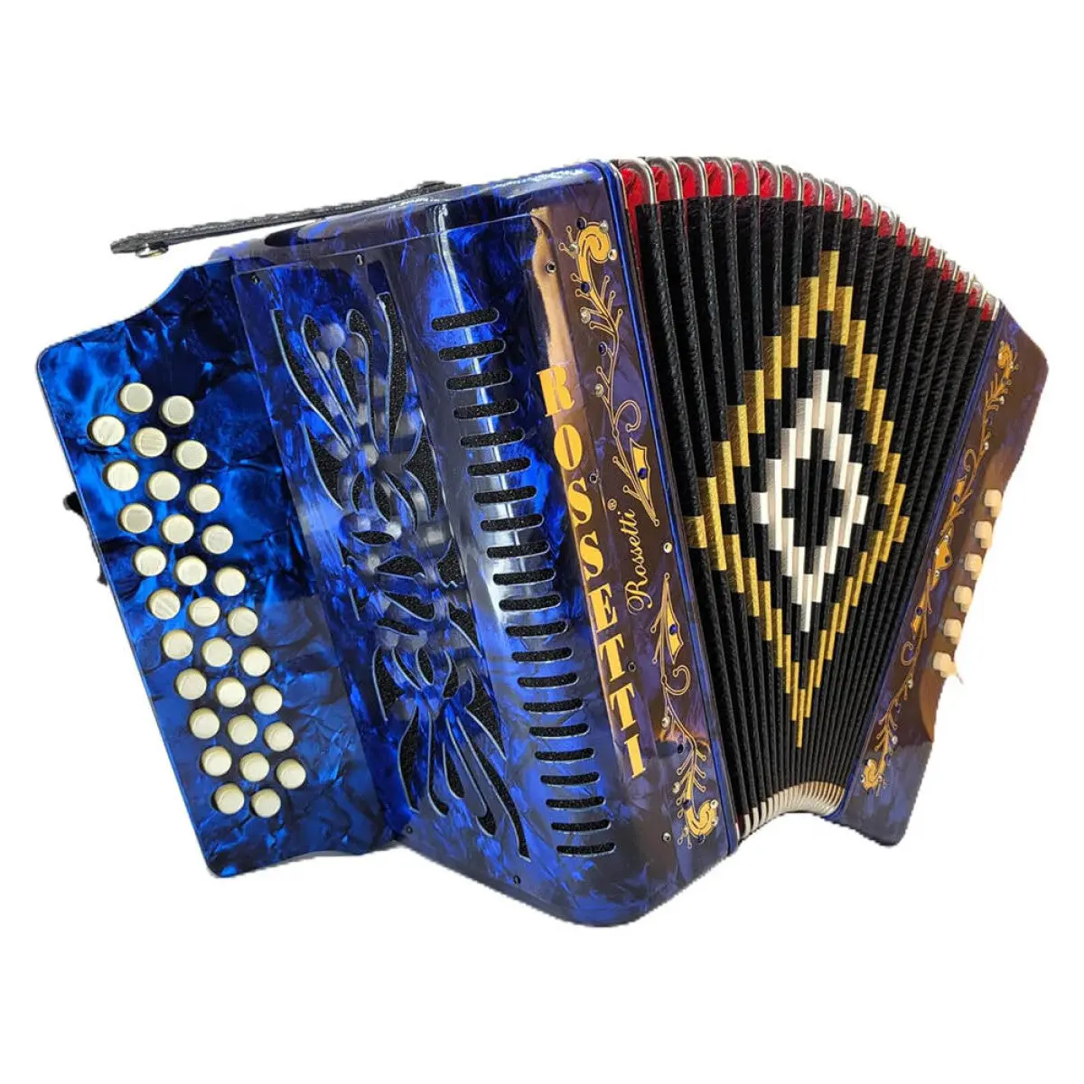 Rossetti 3112-FBE-BK 3-Row Diatonic Accordion with 31 Melody & 12 Bass Buttons Italian Style Glossy Black FBE Tuning