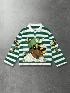 STYLO MEN Street Life Men's Figure & Striped Print Long Sleeve Polo Shirt, Loose Fit